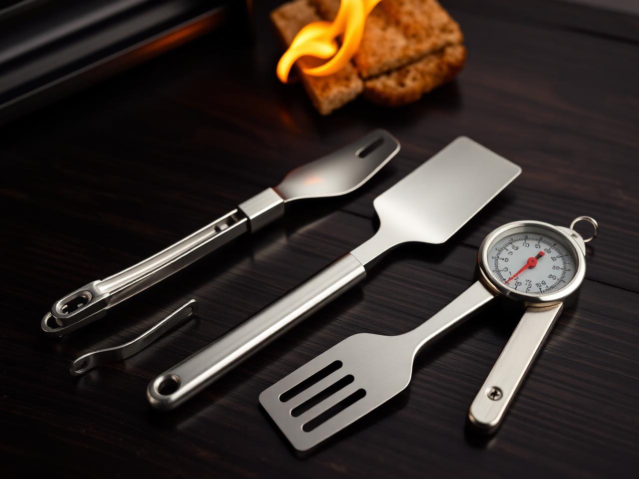 Grillbesteck aus Edelstahl mit Thermometer auf dunklem Holz