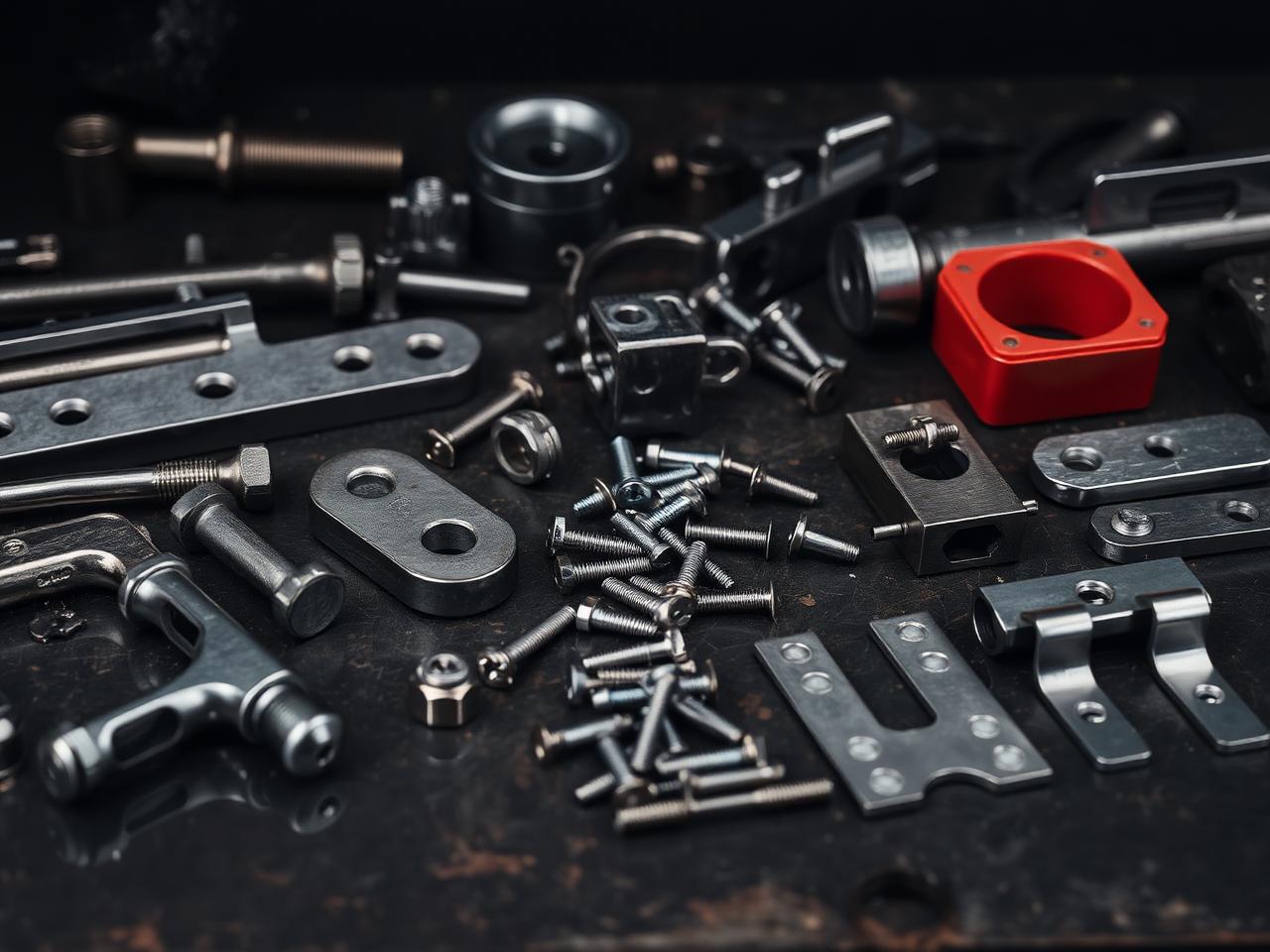 Diverse Metallwaren, Schrauben und Befestigungselemente auf einer Werkbank